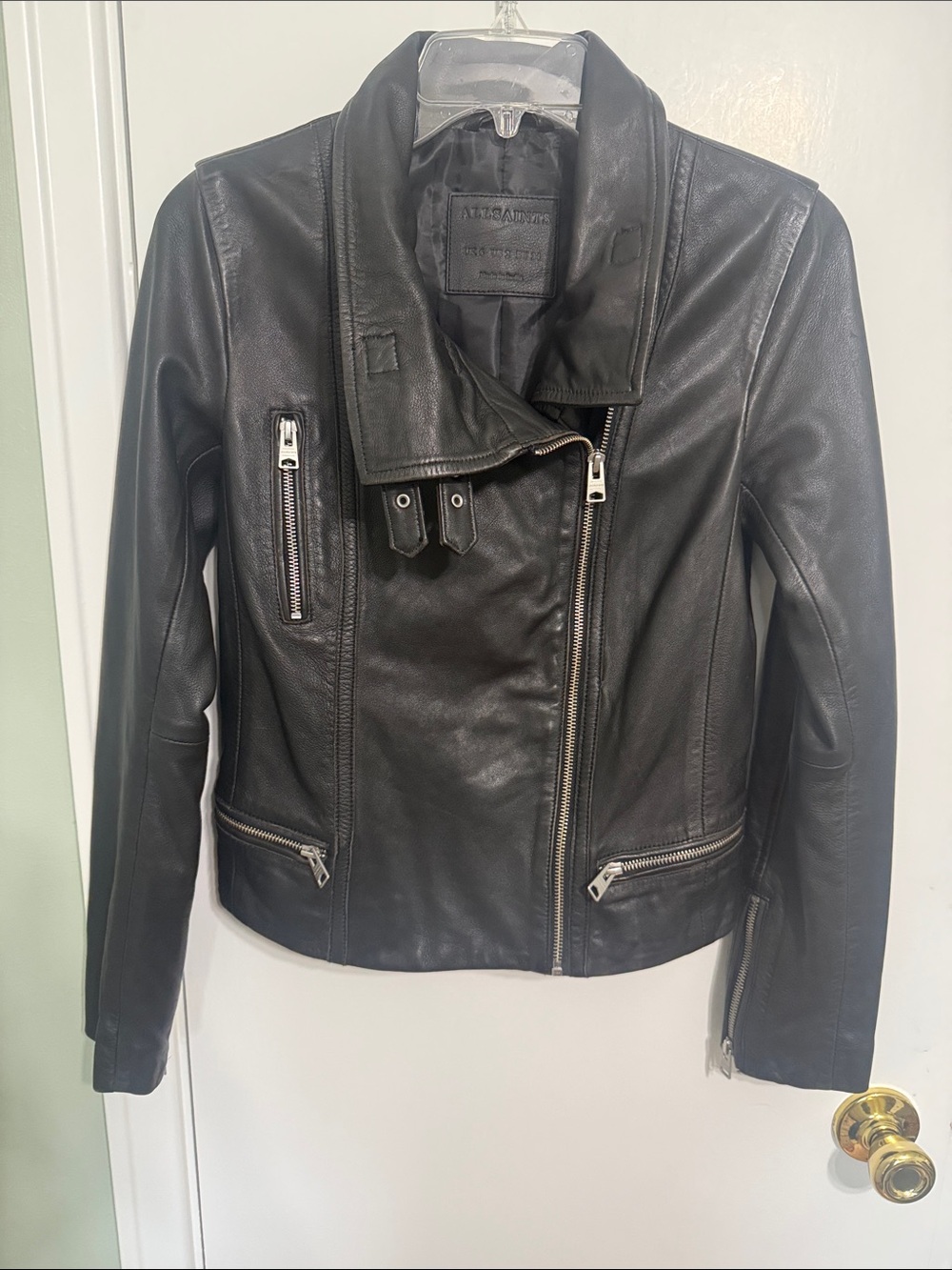 All Saints Black Leather Asymmetric Moto Jacket with Silver Hardware